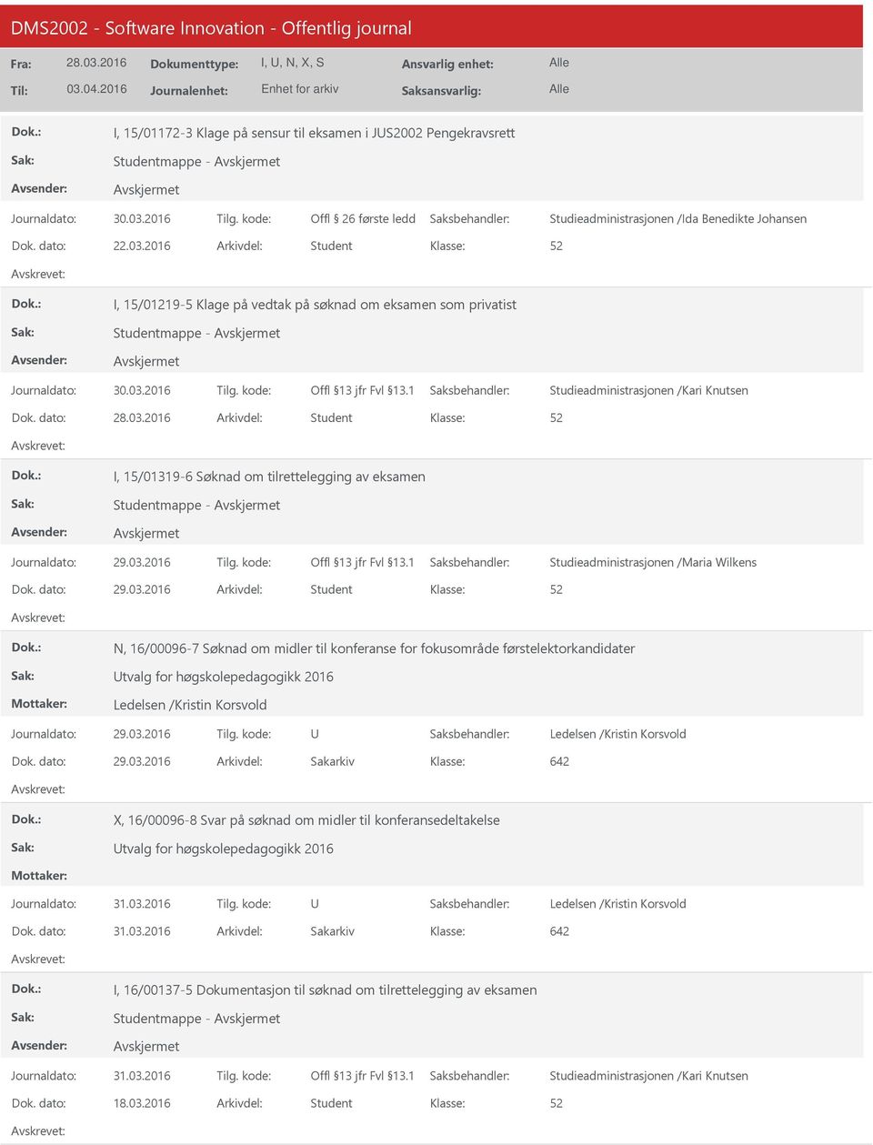 tilrettelegging av eksamen Studentmappe - N, 16/00096-7 Søknad om midler til konferanse for fokusområde førstelektorkandidater tvalg for høgskolepedagogikk 2016 29.03.