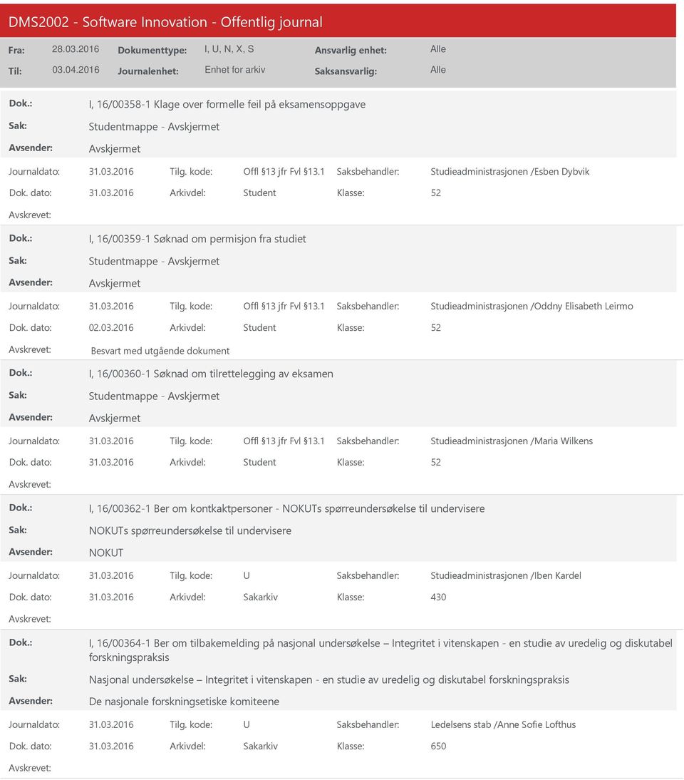 2016 Student Besvart med utgående dokument I, 16/00360-1 Søknad om tilrettelegging av eksamen Studentmappe - I, 16/00362-1 Ber om kontkaktpersoner - NOKTs spørreundersøkelse til undervisere NOKTs