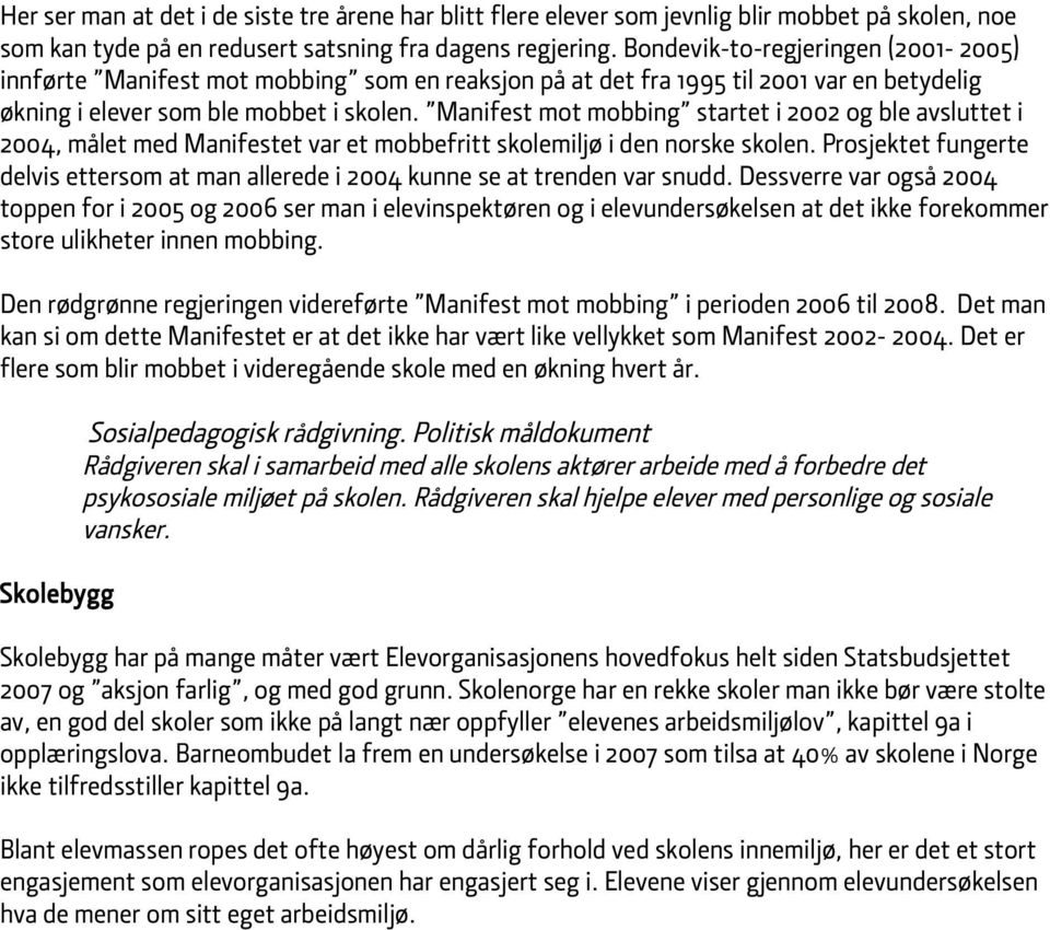 Manifest mot mobbing startet i 2002 og ble avsluttet i 2004, målet med Manifestet var et mobbefritt skolemiljø i den norske skolen.