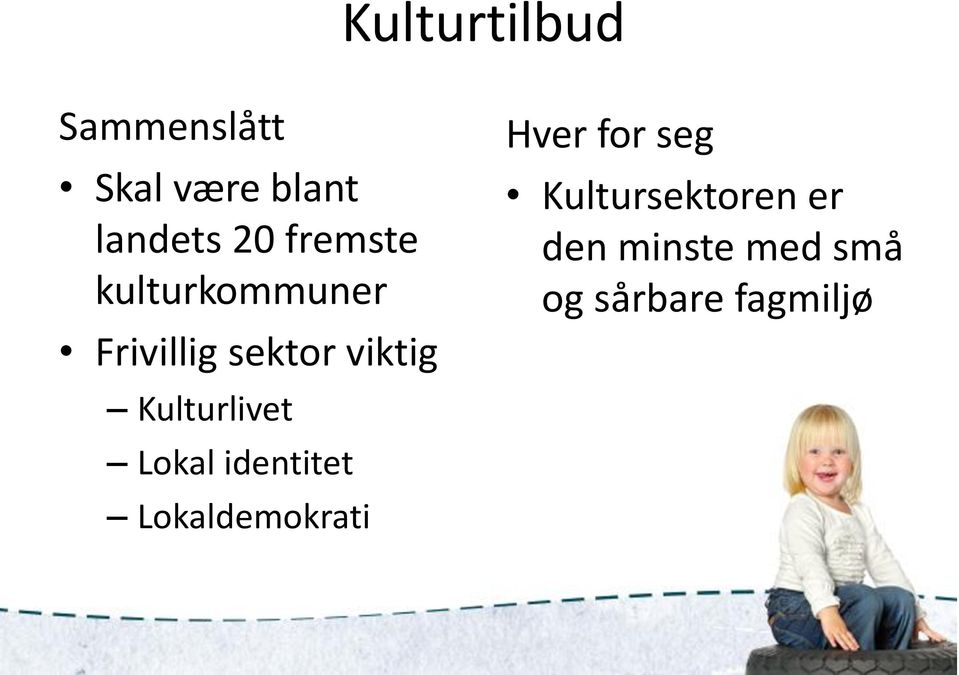 Kulturlivet Lokal identitet Lokaldemokrati Hver for