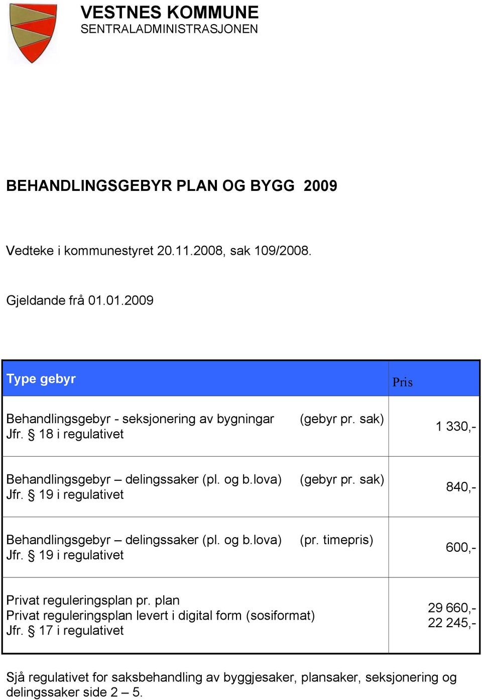 19 i regulativet (gebyr pr. sak) Behandlingsgebyr delingssaker (pl. og b.lova) Jfr. 19 i regulativet (pr. timepris) 1 330,- 840,- 600,- Privat reguleringsplan pr.