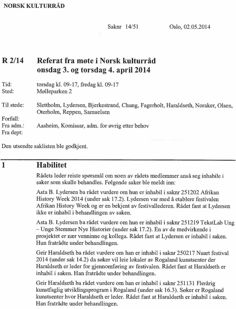 for øvrig etter behov Den utsendte saklisten ble godkj ent. 1 Habilitet Rådets leder reiste spørsmål om noen av rådets medlemmer anså seg inhabile i saker som skulle behandles.