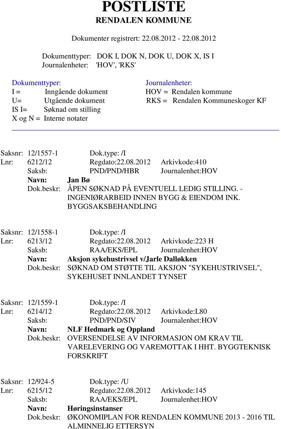 2012 Arkivkode:223 H Saksb: RAA/EKS/EPL Journalenhet:HOV Navn: Aksjon sykehustrivsel v/jarle Dalløkken Dok.