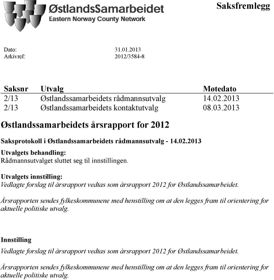 Utvalgets innstilling: Vedlagte forslag til årsrapport vedtas som årsrapport 2012 for Østlandssamarbeidet.