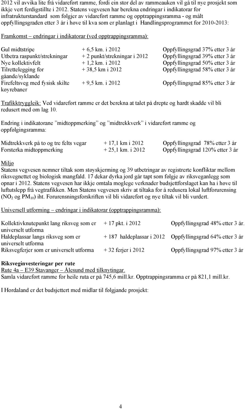 planlagt i Handlingsprogrammet for 2010-2013: Framkomst endringar i indikatorar (ved opptrappingsramma): Gul midtstripe + 6,5 km.