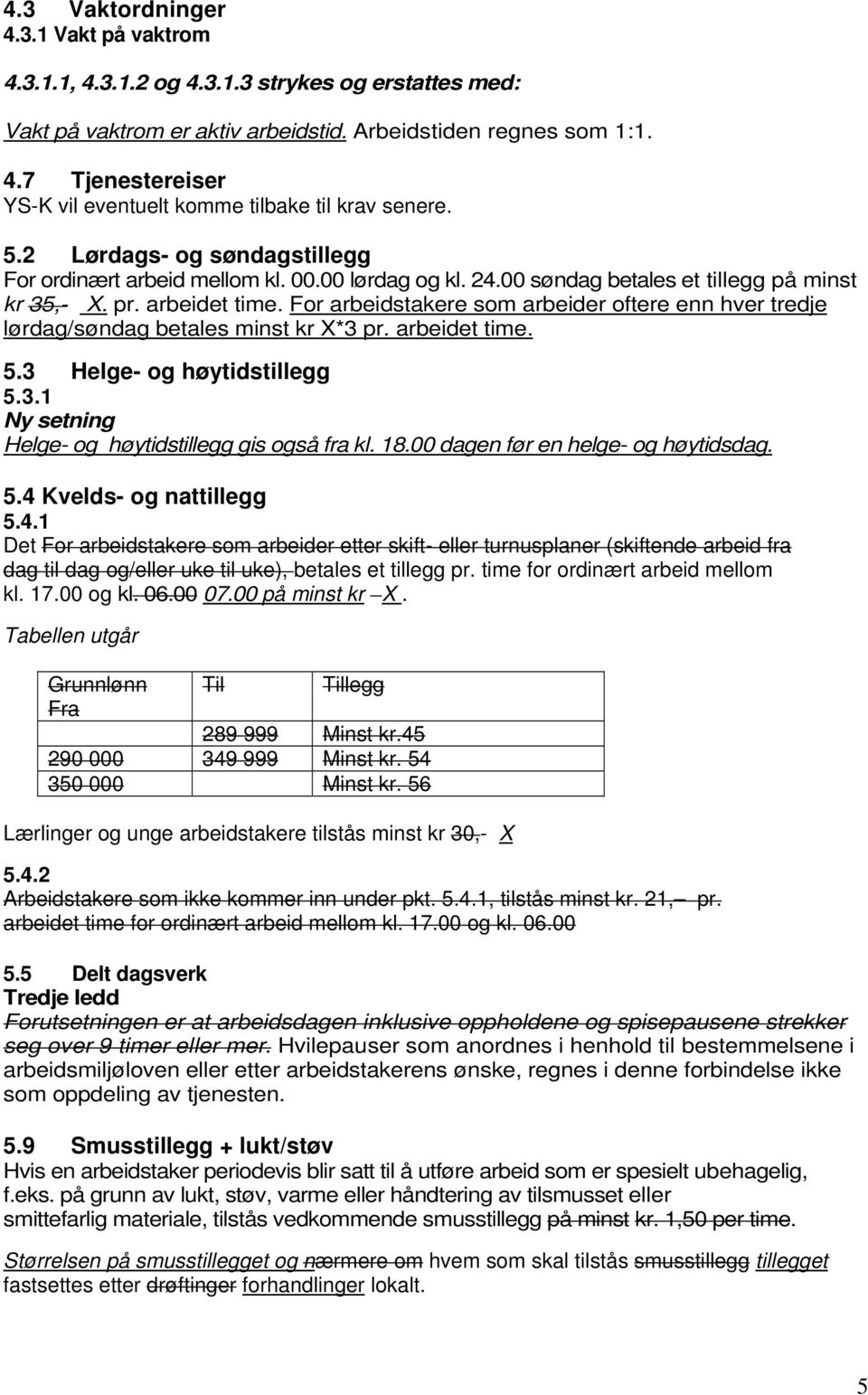 For arbeidstakere som arbeider oftere enn hver tredje lørdag/søndag betales minst kr X*3 pr. arbeidet time. 5.3 Helge- og høytidstillegg 5.3.1 Ny setning Helge- og høytidstillegg gis også fra kl. 18.