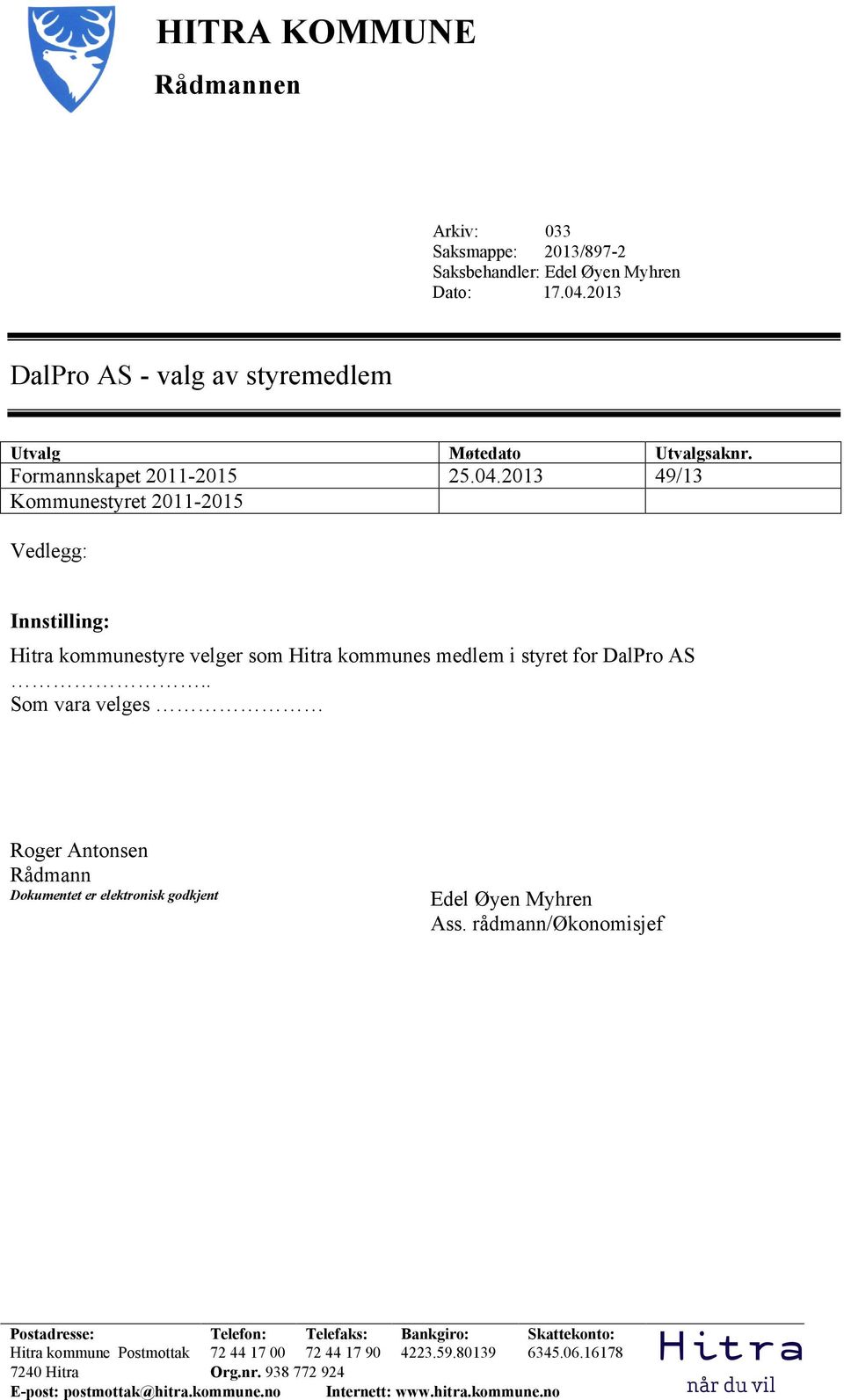 . Som vara velges Roger Antonsen Rådmann Dokumentet er elektronisk godkjent Edel Øyen Myhren Ass.
