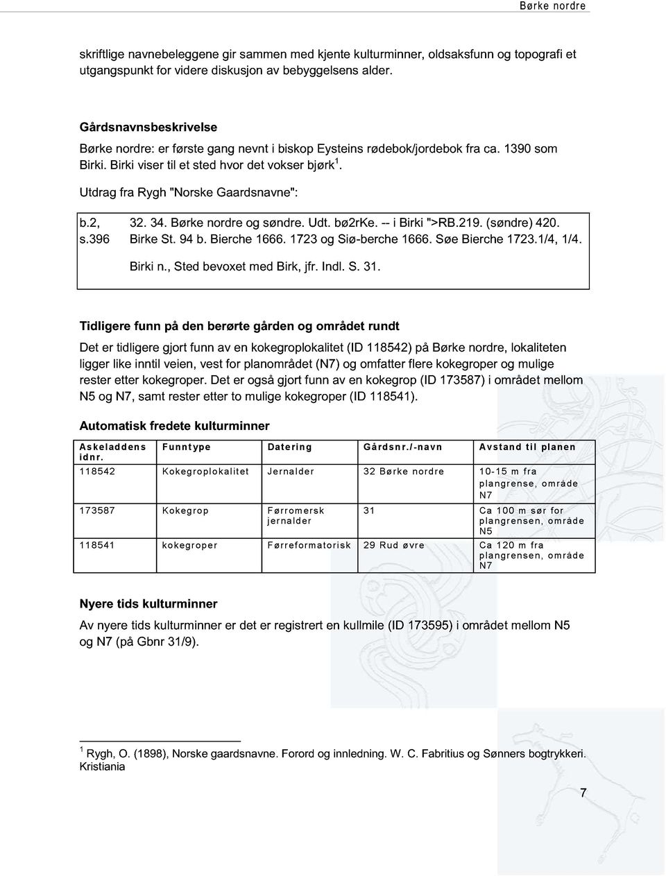 Utdrag fra Rygh "Norske Gaardsnavne": b.2, s.396 32. 34. Børke nordre og søndre. Udt. bø2rke. -- i Birki ">RB.219. (søndre) 420. Birke St. 94 b. Bierche 1666. 1723 og Siø-berche 1666.