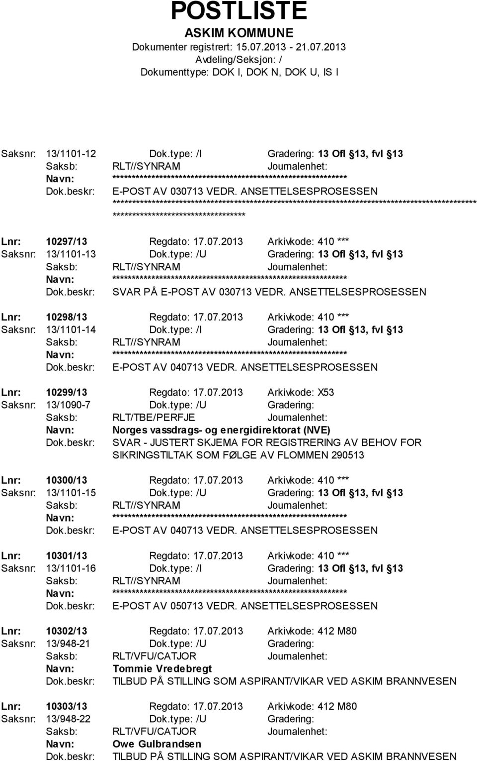 type: /I Gradering: 13 Ofl 13, fvl 13 E-POST AV 040713 VEDR. ANSETTELSESPROSESSEN Lnr: 10299/13 Regdato: 17.07.2013 Arkivkode: X53 Saksnr: 13/1090-7 Dok.
