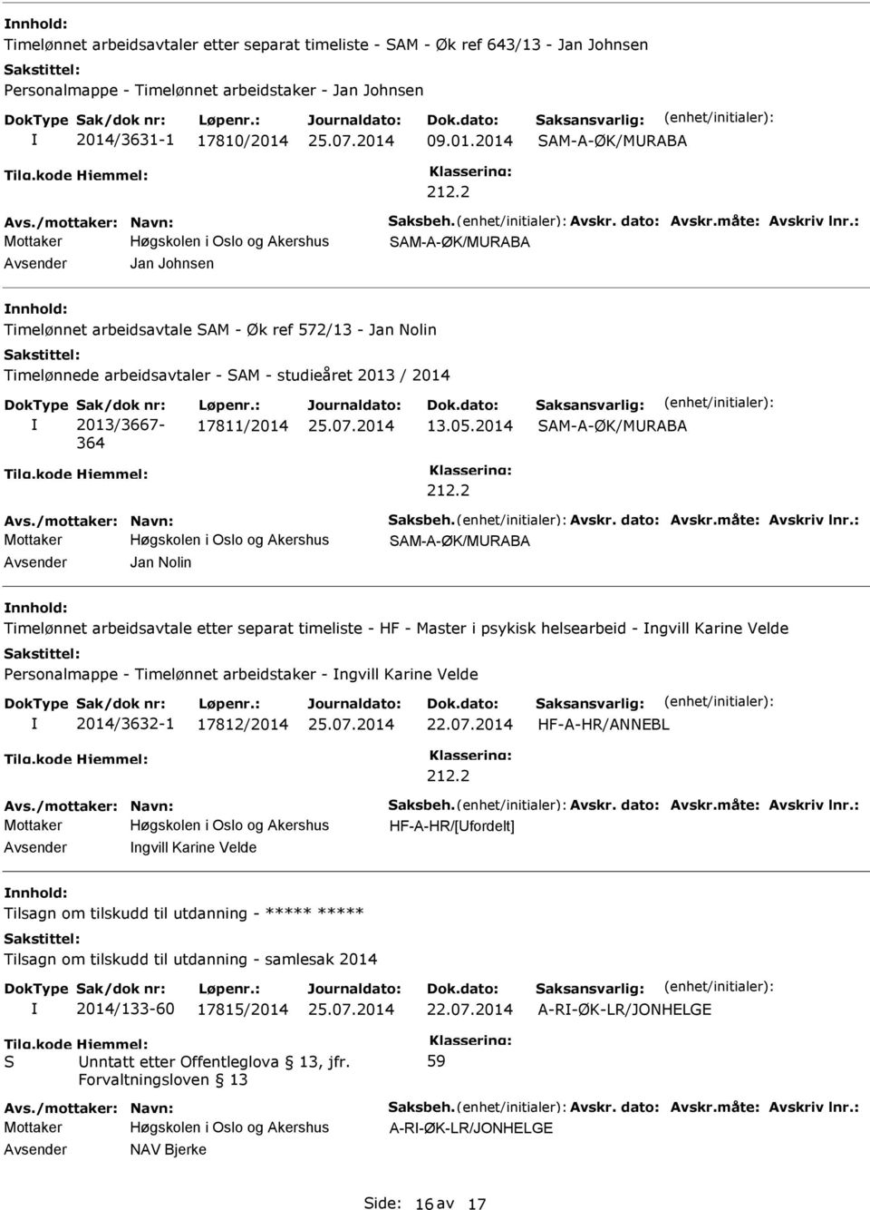 : Jan Johnsen nnhold: Timelønnet arbeidsavtale SAM - Øk ref 572/13 - Jan Nolin 364 17811/2014 13.05.2014 Avs.