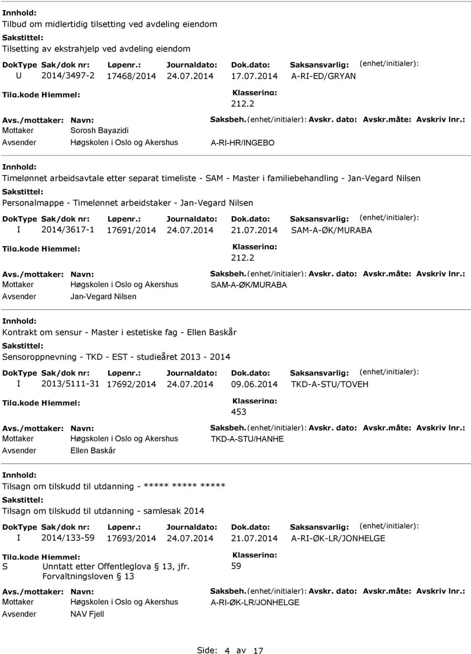 : Mottaker Sorosh Bayazidi A-R-HR/NGEBO nnhold: Timelønnet arbeidsavtale etter separat timeliste - SAM - Master i familiebehandling - Jan-Vegard Nilsen Personalmappe - Timelønnet arbeidstaker -