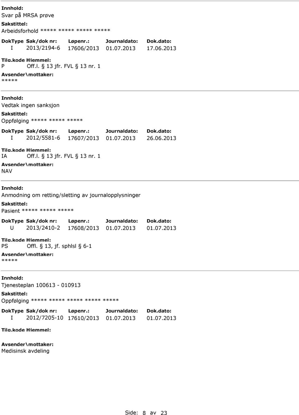 06.2013 Anmodning om retting/sletting av journalopplysninger Pasient ***** ***** ***** 2013/2410-2 17608/2013 *****