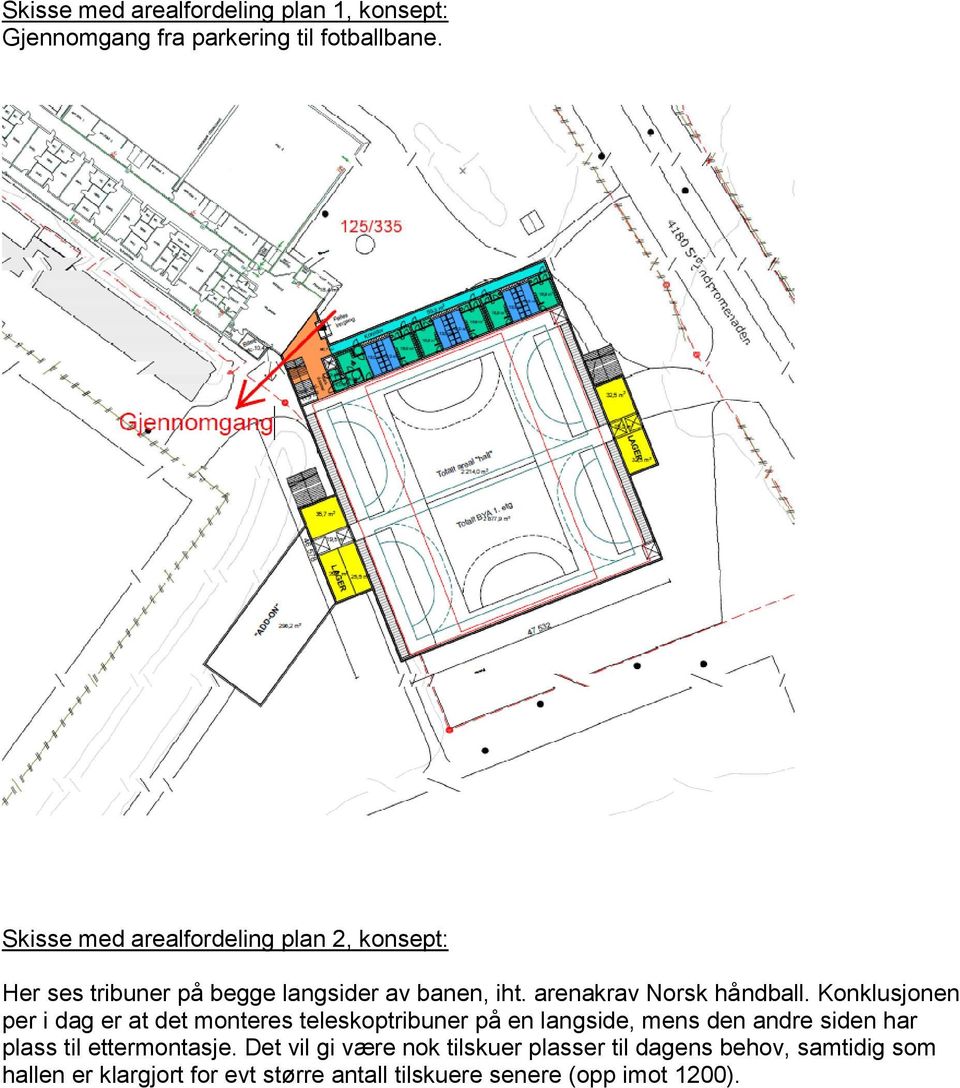 Konklusjonen per i dag er at det monteres teleskoptribuner på en langside, mens den andre siden har plass til