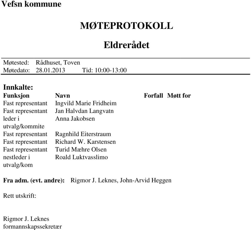 Halvdan Langvatn leder i Anna Jakobsen utvalg/kommite Fast representant Ragnhild Eiterstraum Fast representant Richard W.