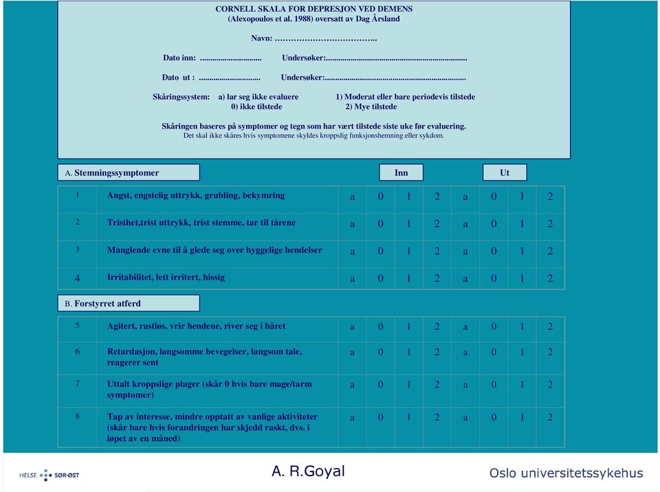 .. Skåringssystem: a) lar seg ikke evaluere 1) Moderat eller bare periodevis tilstede 0) ikke tilstede 2) Mye tilstede Skåringen baseres på symptomer og tegn som har vært tilstede siste uke før