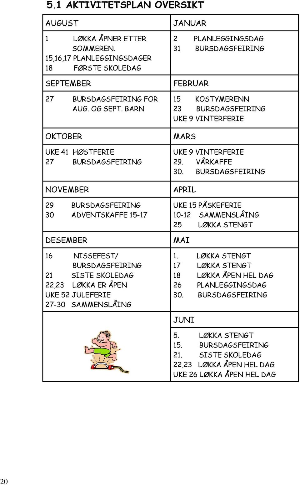 SAMMENSLÅING JANUAR 2 PLANLEGGINGSDAG 31 BURSDAGSFEIRING FEBRUAR 15 KOSTYMERENN 23 BURSDAGSFEIRING UKE 9 VINTERFERIE MARS UKE 9 VINTERFERIE 29. VÅRKAFFE 30.