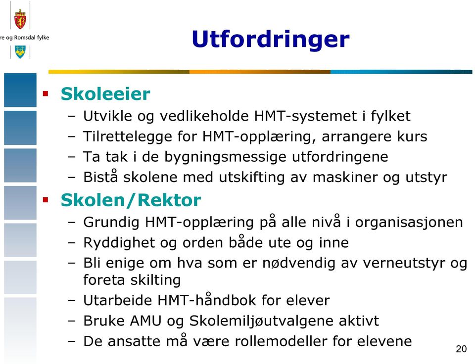 alle nivå i organisasjonen Ryddighet og orden både ute og inne Bli enige om hva som er nødvendig av verneutstyr og foreta