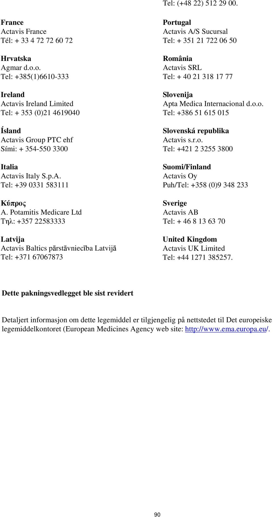 Potamitis Medicare Ltd Τηλ: +357 22583333 Latvija Actavis Baltics pārstāvniecība Latvijā Tel: +371 67067873 Portugal Actavis A/S Sucursal Tel: + 351 21 722 06 50 România Actavis SRL Tel: + 40 21 318