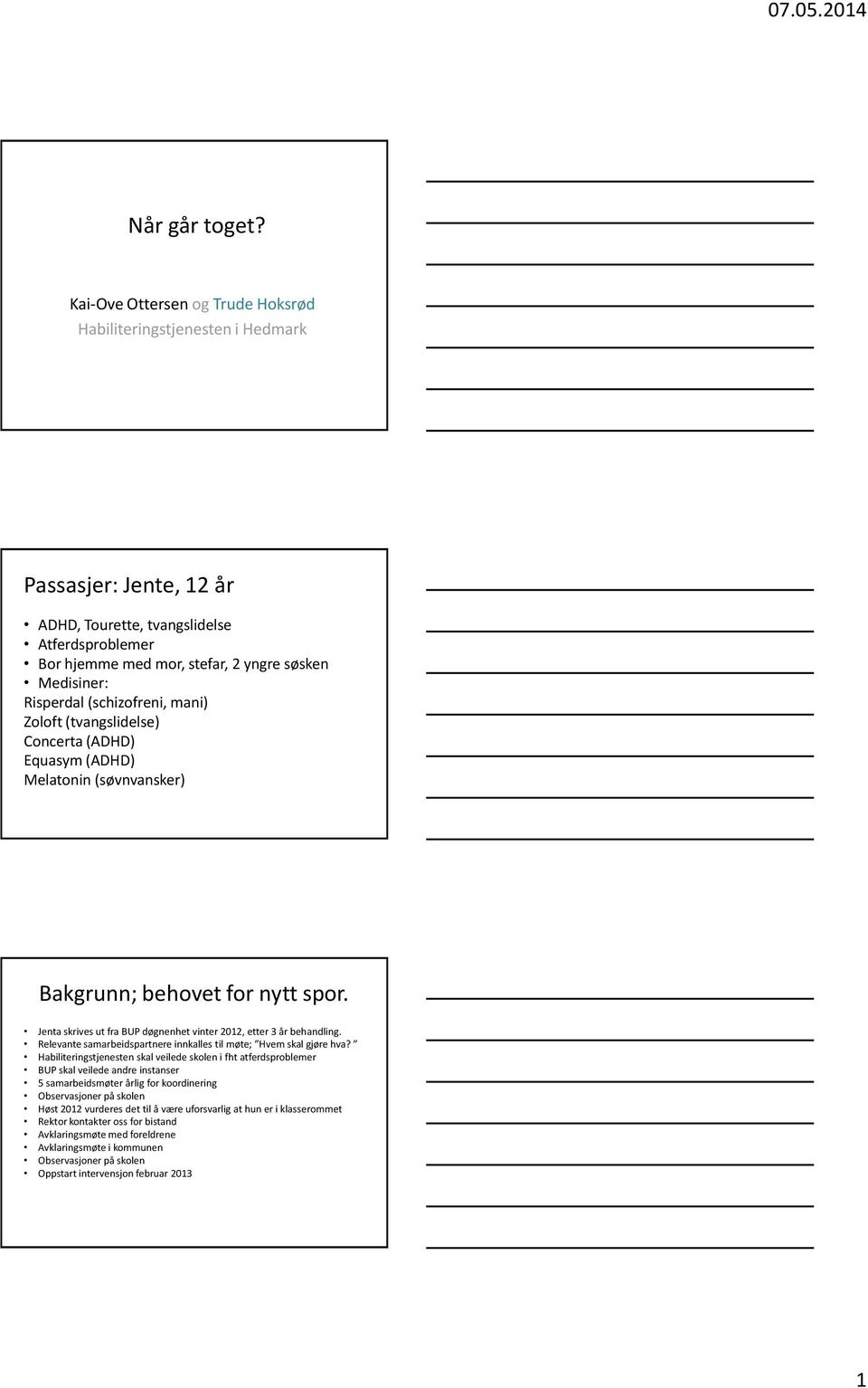 Risperdal (schizofreni, mani) Zoloft (tvangslidelse) Concerta (ADHD) Equasym (ADHD) Melatonin (søvnvansker) Bakgrunn; behovet for nytt spor.