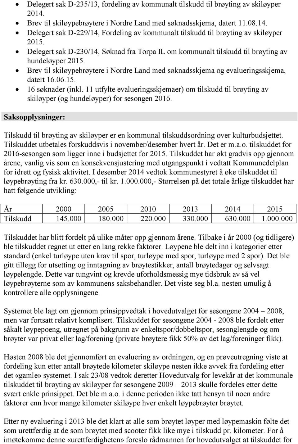 11 utfylte evalueringsskjemaer) om tilskudd til brøyting av skiløyper (og hundeløyper) for sesongen 2016.