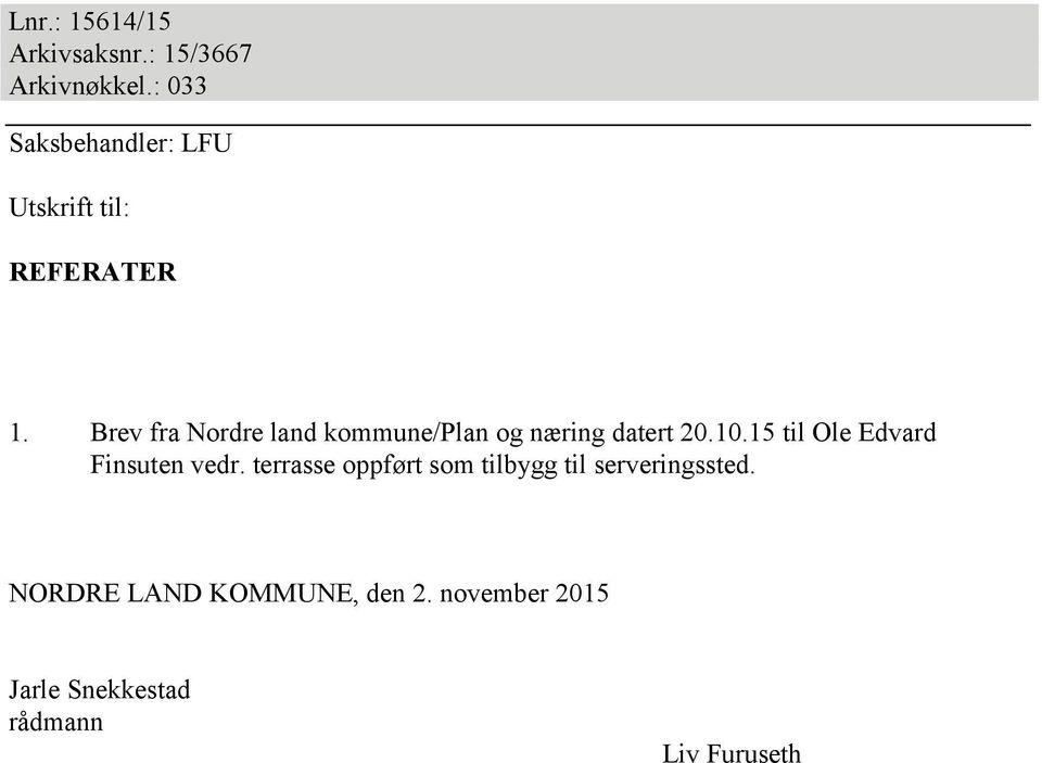 Brev fra Nordre land kommune/plan og næring datert 20.10.