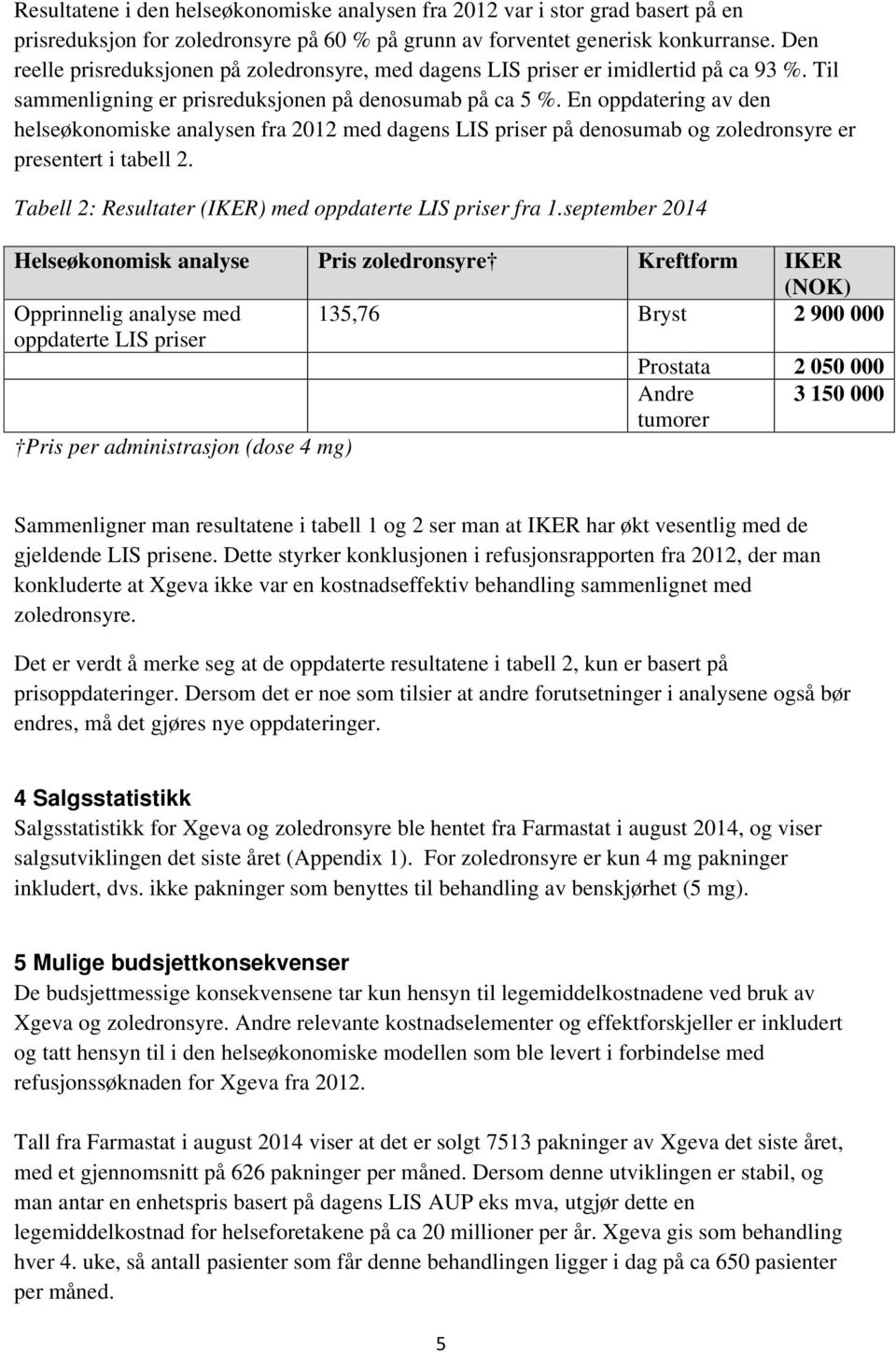 En oppdatering av den helseøkonomiske analysen fra 2012 med dagens LIS priser på denosumab og zoledronsyre er presentert i tabell 2. Tabell 2: Resultater (IKER) med oppdaterte LIS priser fra 1.