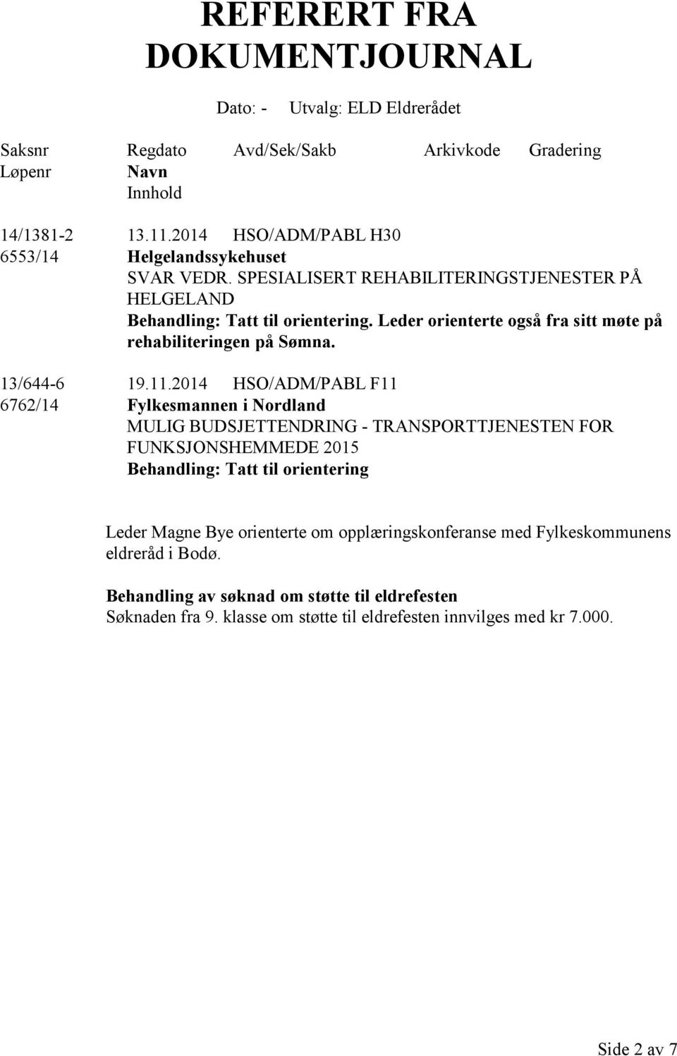 Leder orienterte også fra sitt møte på rehabiliteringen på Sømna. 13/644-6 19.11.