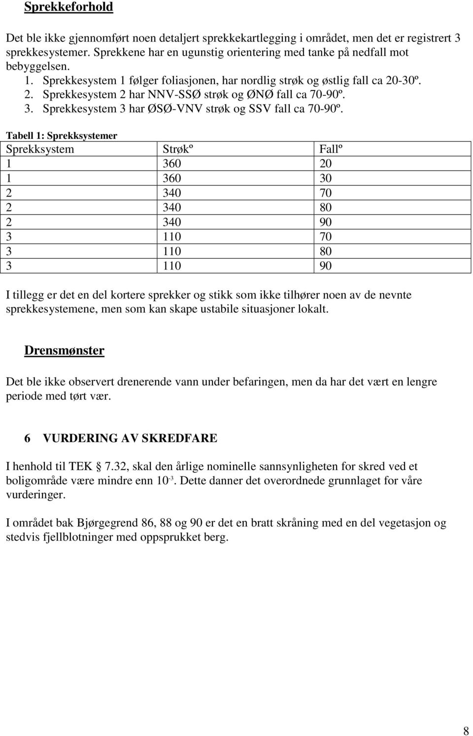 -30º. 2. Sprekkesystem 2 har NNV-SSØ strøk og ØNØ fall ca 70-90º. 3. Sprekkesystem 3 har ØSØ-VNV strøk og SSV fall ca 70-90º.