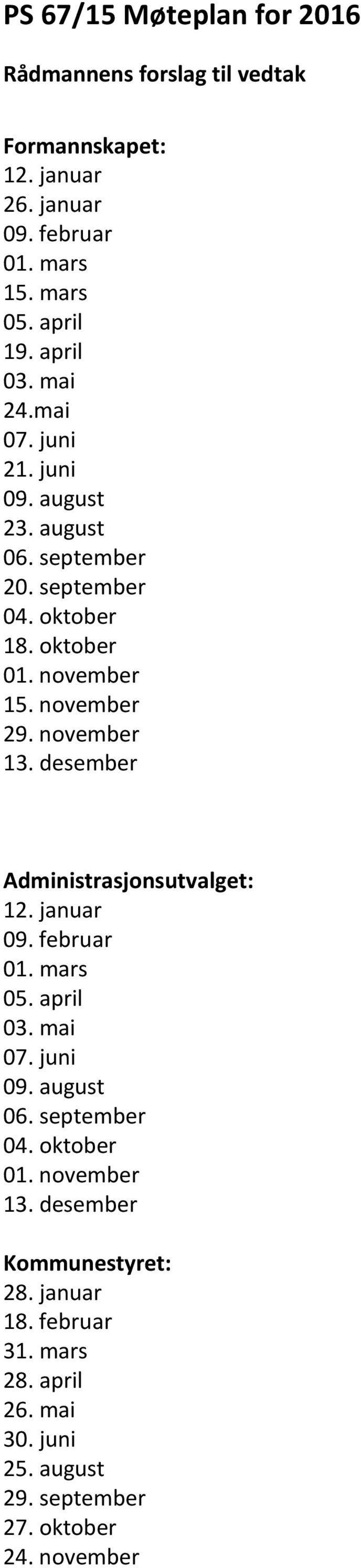 november 13. desember Administrasjonsutvalget: 12. januar 09. februar 01. mars 05. april 03. mai 07. juni 09. august 06. september 04.