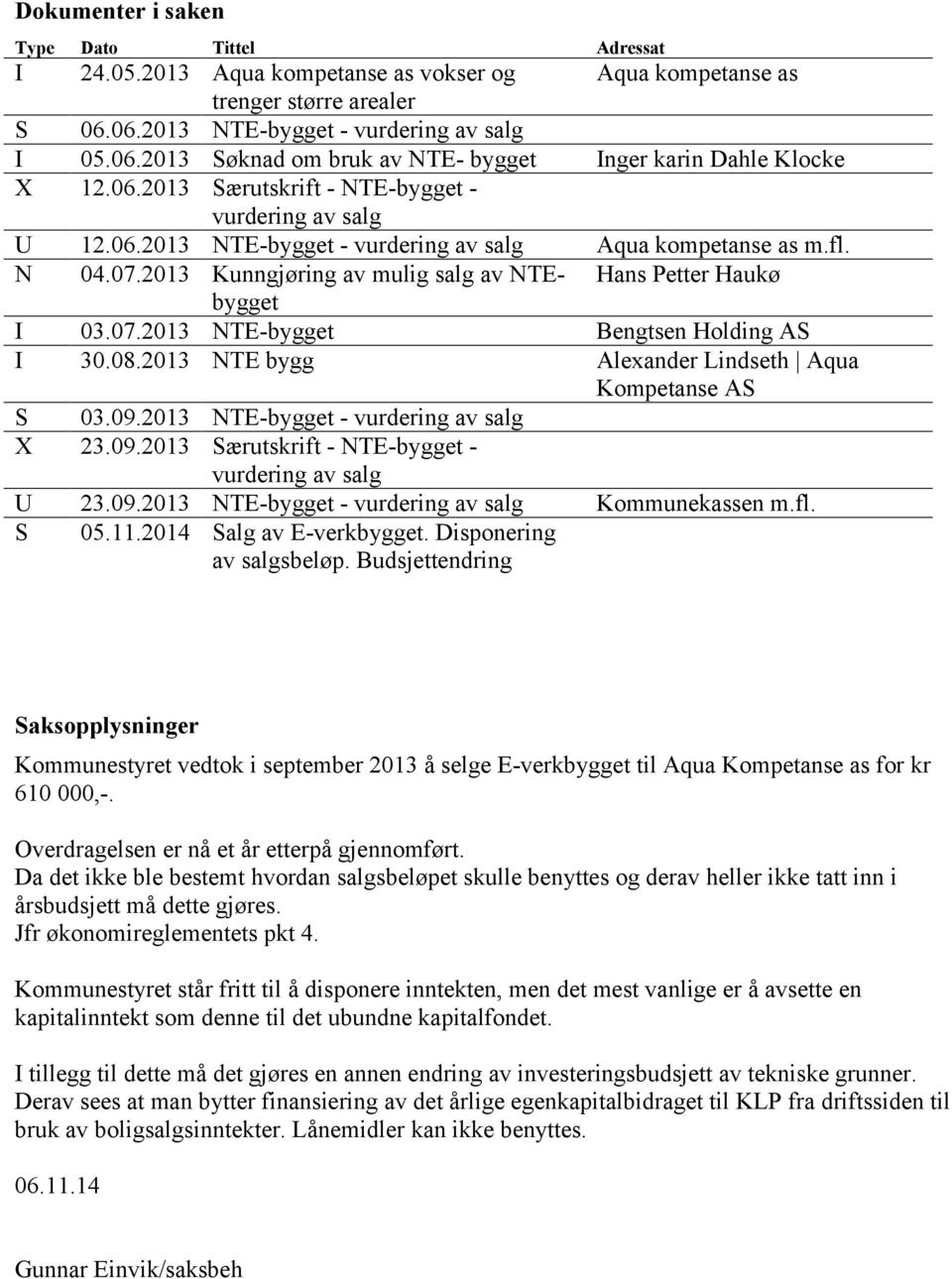 08.2013 NTE bygg Alexander Lindseth Aqua Kompetanse AS S 03.09.2013 NTE-bygget - vurdering av salg X 23.09.2013 Særutskrift - NTE-bygget - vurdering av salg U 23.09.2013 NTE-bygget - vurdering av salg Kommunekassen m.