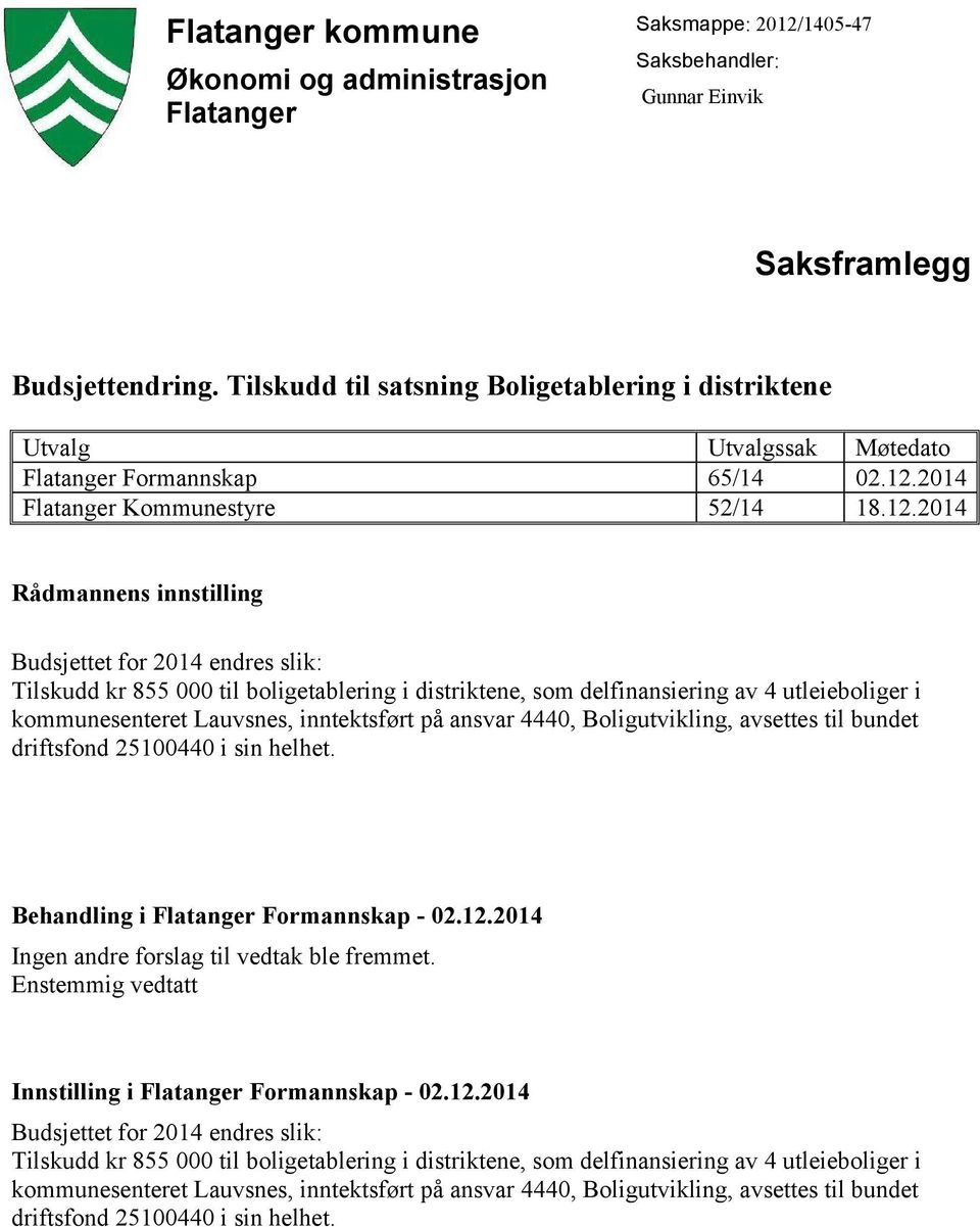 2014 Flatanger Kommunestyre 52/14 18.12.