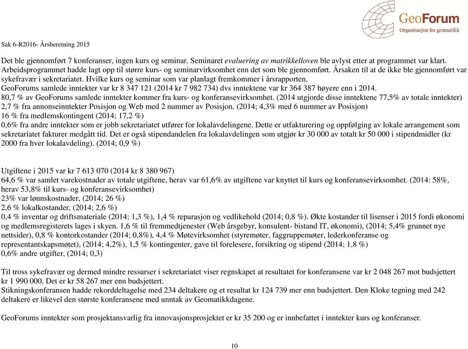 Hvilke kurs og seminar som var planlagt fremkommer i årsrapporten. GeoForums samlede inntekter var kr 8 347 121 (2014 kr 7 982 734) dvs inntektene var kr 364 387 høyere enn i 2014.