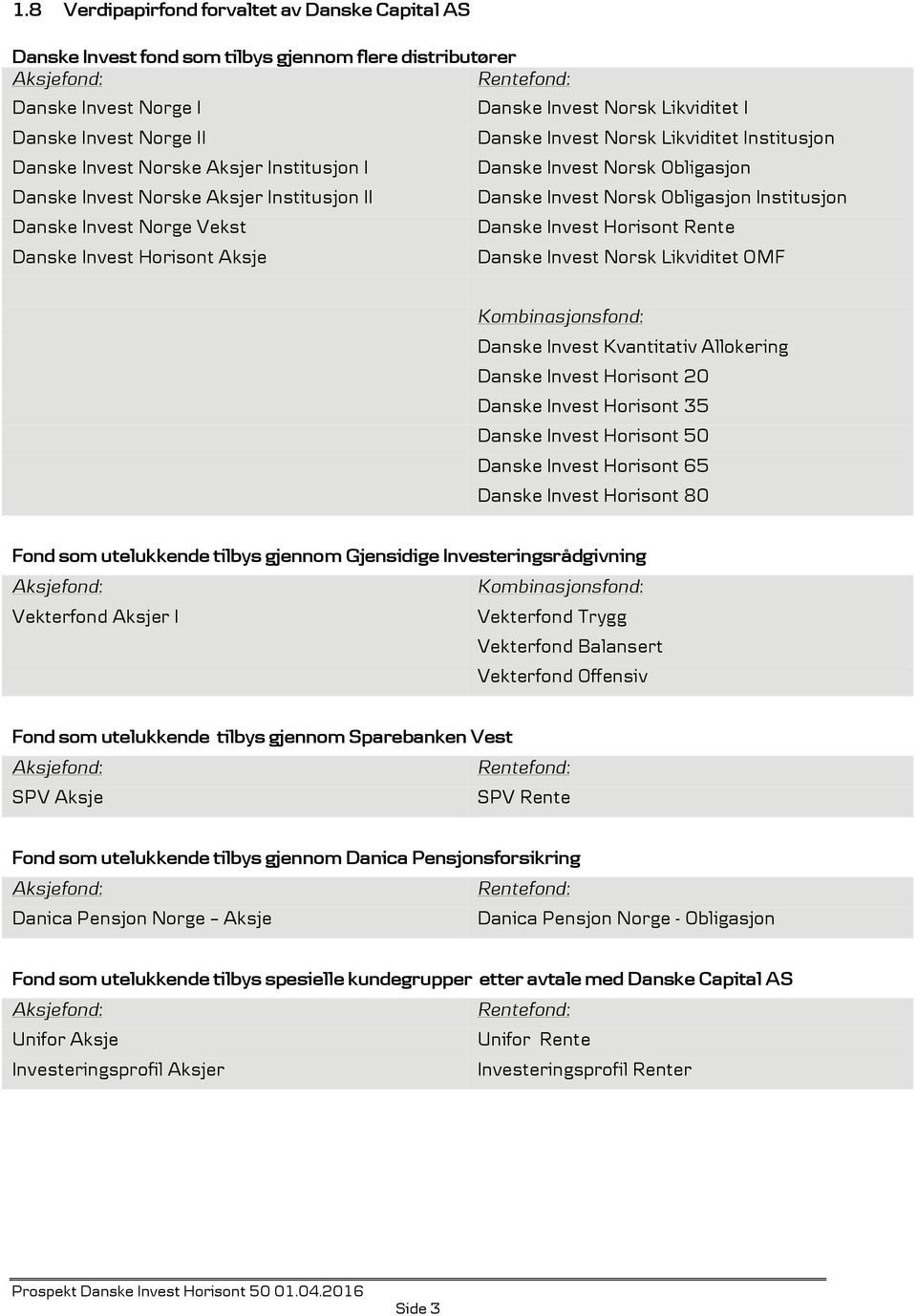 Danske Invest Norsk Obligasjon Danske Invest Norsk Obligasjon Institusjon Danske Invest Horisont Rente Danske Invest Norsk Likviditet OMF Kombinasjonsfond: Danske Invest Kvantitativ Allokering Danske