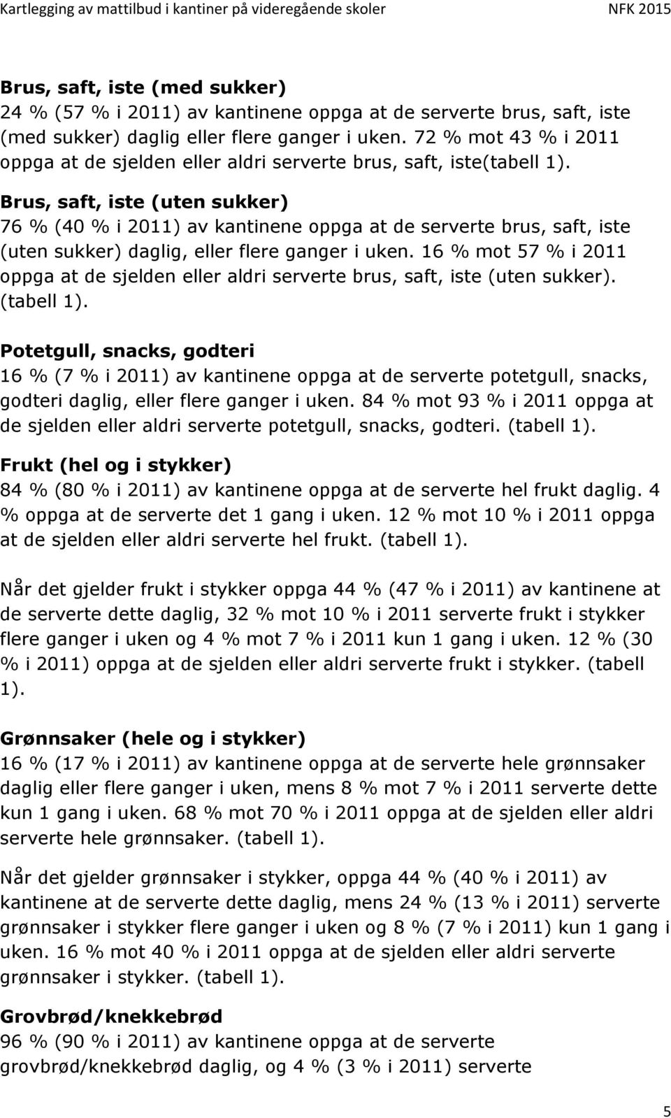 Brus, saft, iste (uten sukker) 76 % (40 % i 2011) av kantinene oppga at de serverte brus, saft, iste (uten sukker) daglig, eller flere ganger i uken.