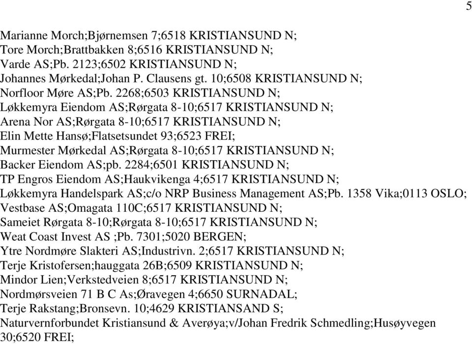 2268;6503 KRISTIANSUND N; Løkkemyra Eiendom AS;Rørgata 8-10;6517 KRISTIANSUND N; Arena Nor AS;Rørgata 8-10;6517 KRISTIANSUND N; Elin Mette Hansø;Flatsetsundet 93;6523 FREI; Murmester Mørkedal