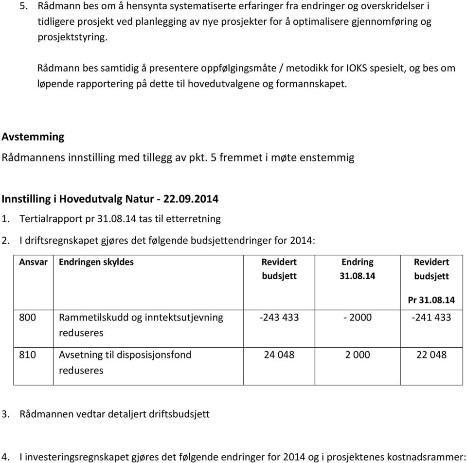 5 fremmet i møte enstemmig Innstilling i Hovedutvalg Natur - 22.09.2014 1. Tertialrapport pr 31.08.14 tas til etterretning 2.