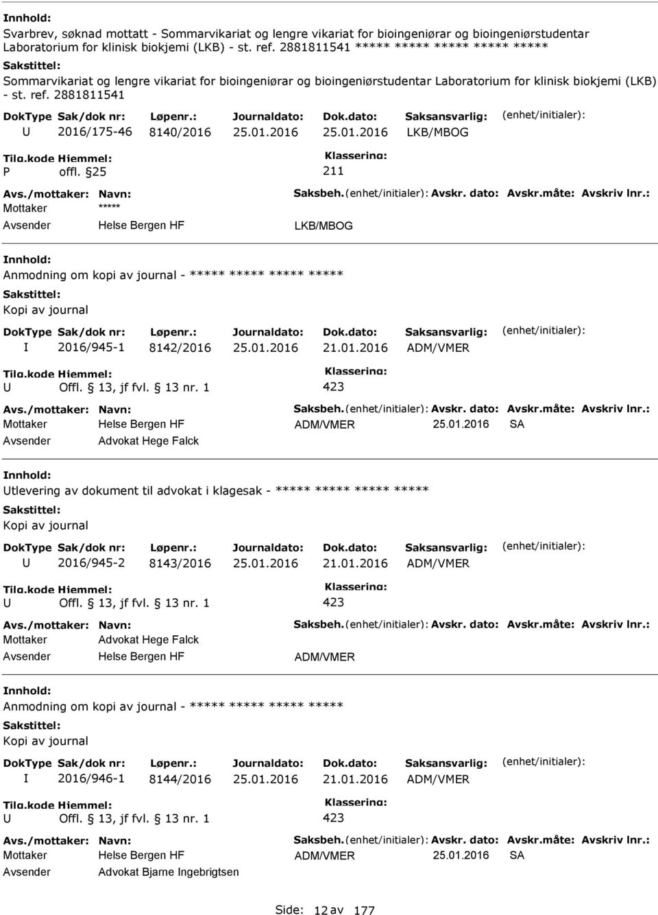 2881811541 2016/175-46 8140/2016 LKB/MBOG LKB/MBOG Anmodning om kopi av journal - ***** ***** ***** ***** Kopi av journal 2016/945-1 8142/2016 21.01.2016 ADM/VMER 423 Mottaker ADM/VMER SA Advokat Hege Falck tlevering av dokument til advokat i klagesak - ***** ***** ***** ***** Kopi av journal 2016/945-2 8143/2016 21.
