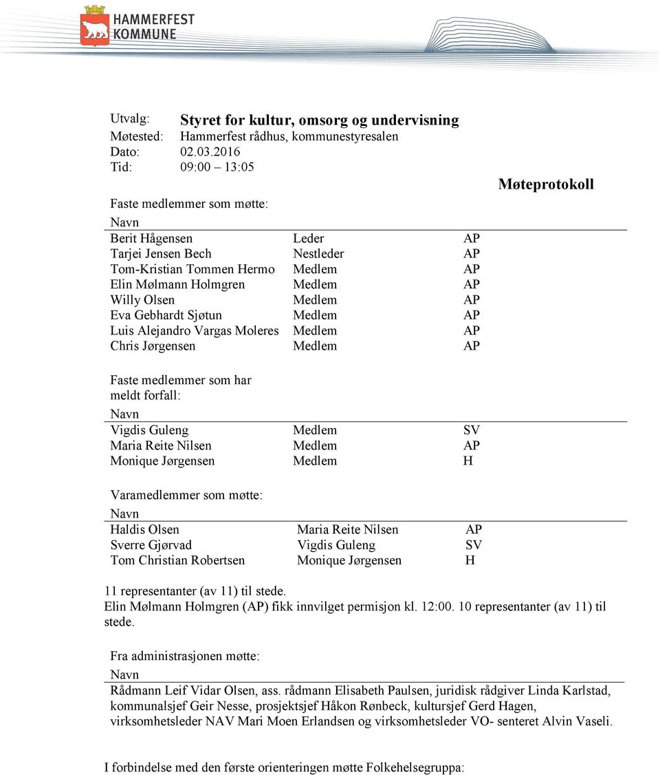 Eva Gebhardt Sjøtun Medlem AP Luis Alejandro Vargas Moleres Medlem AP Chris Jørgensen Medlem AP Møteprotokoll Faste medlemmer som har meldt forfall: Navn Vigdis Guleng Medlem SV Maria Reite Nilsen