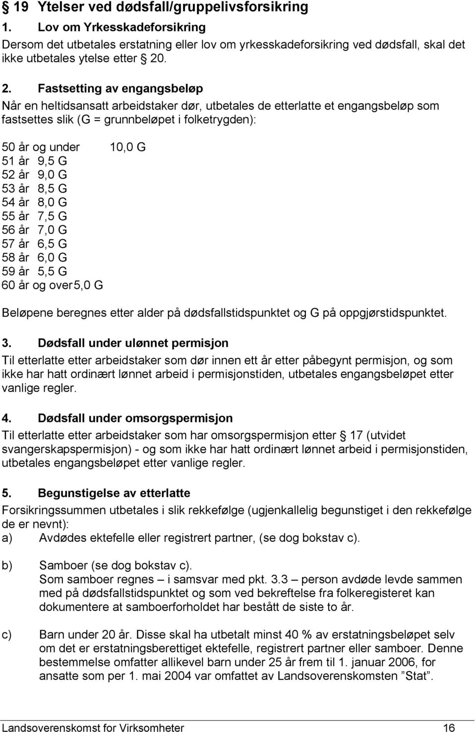 G 52 år 9,0 G 53 år 8,5 G 54 år 8,0 G 55 år 7,5 G 56 år 7,0 G 57 år 6,5 G 58 år 6,0 G 59 år 5,5 G 60 år og over 5,0 G Beløpene beregnes etter alder på dødsfallstidspunktet og G på oppgjørstidspunktet.