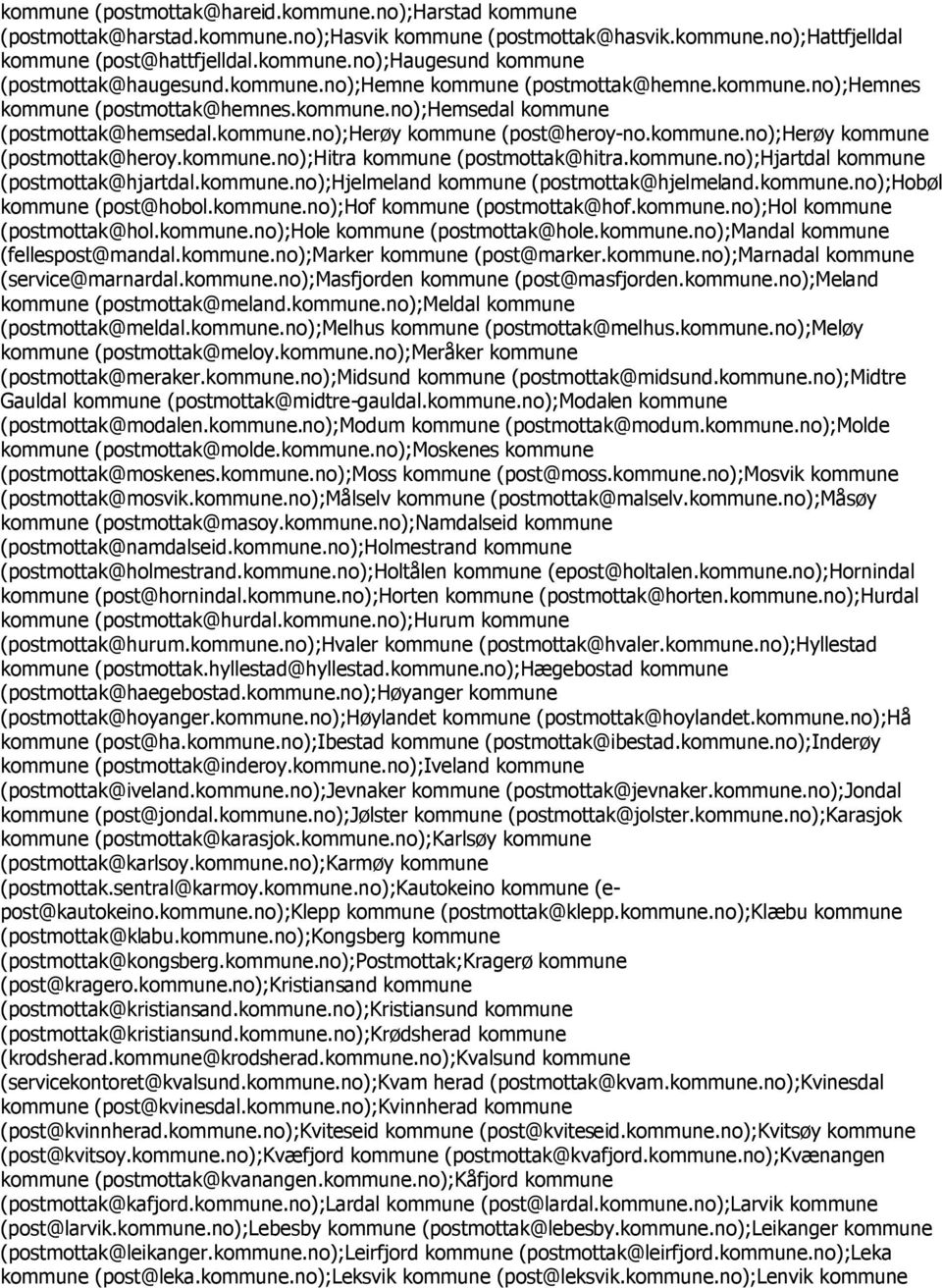 kommune.no);hitra kommune (postmottak@hitra.kommune.no);hjartdal kommune (postmottak@hjartdal.kommune.no);hjelmeland kommune (postmottak@hjelmeland.kommune.no);hobøl kommune (post@hobol.kommune.no);hof kommune (postmottak@hof.