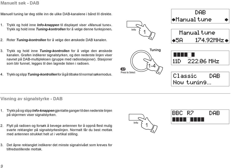 Trykk og hold inne Tuning-kontrollen for å velge den ønskede kanalen. Grafen indikerer signalstyrken, og den nederste linjen viser navnet på DAB-multipleksen (gruppe med radiostasjoner).