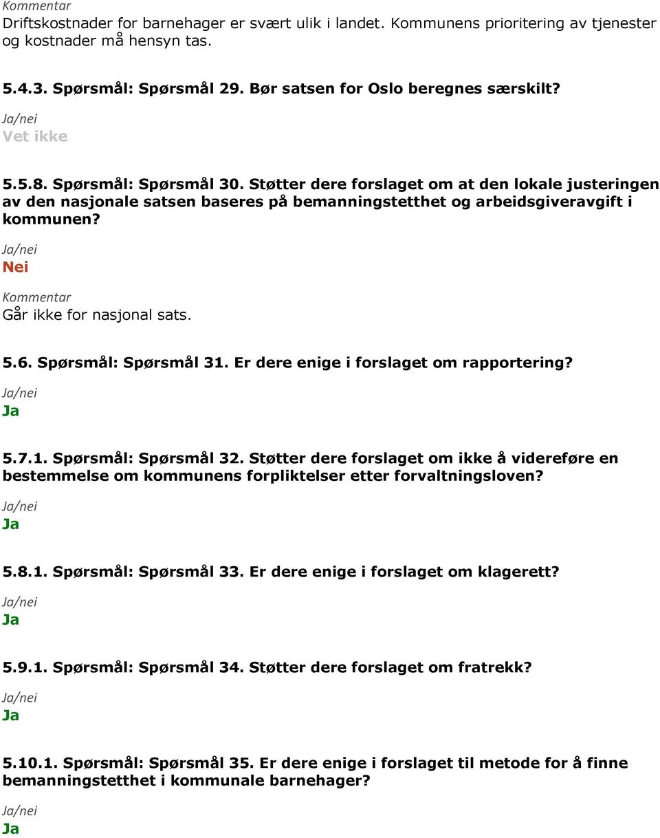 Spørsmål: Spørsmål 31. Er dere enige i forslaget om rapportering? 5.7.1. Spørsmål: Spørsmål 32.