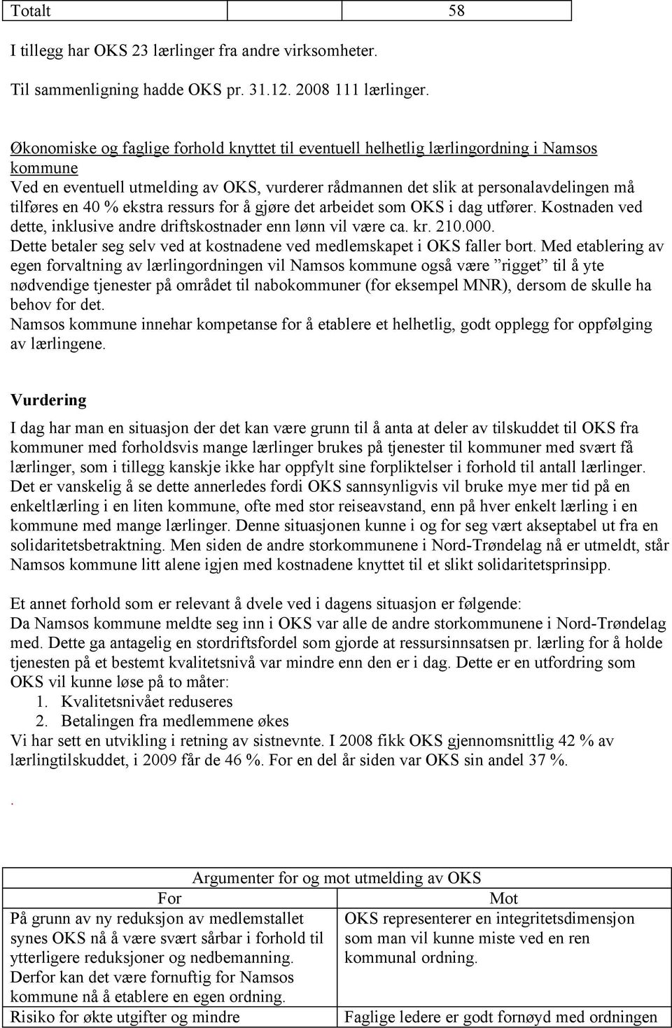 ekstra ressurs for å gjøre det arbeidet som OKS i dag utfører. Kostnaden ved dette, inklusive andre driftskostnader enn lønn vil være ca. kr. 210.000.