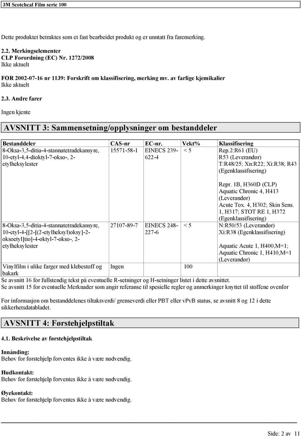 Vekt% Klassifisering 8-Oksa-3,5-ditia-4-stannatetradekansyre, 10-etyl-4,4-dioktyl-7-okso-, 2-15571-58-1 EINECS 239-622-4 < 5 Rep.