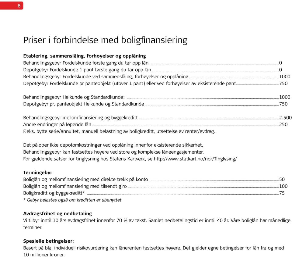 ..1000 Depotgebyr Fordelskunde pr panteobjekt (utover 1 pant) eller ved forhøyelser av eksisterende pant...750 Behandlingsgebyr Helkunde og Standardkunde:...1000 Depotgebyr pr.