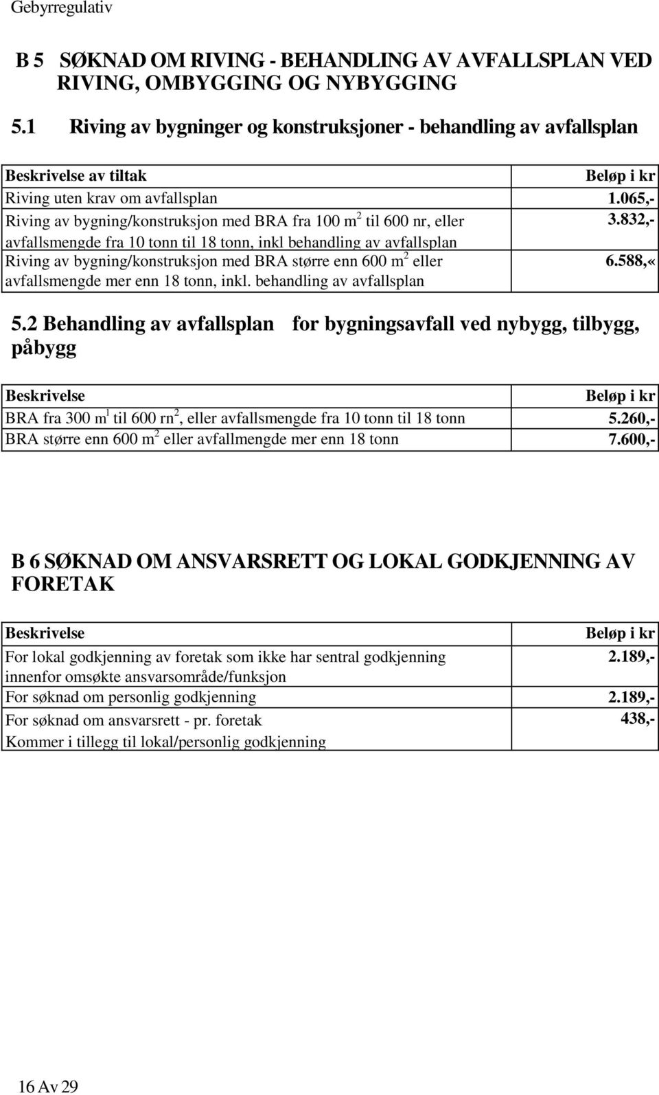 832,- avfallsmengde fra 10 tonn til 18 tonn, inkl behandling av avfallsplan Riving av bygning/konstruksjon med BRA større enn 600 m 2 eller 6.588,«avfallsmengde mer enn 18 tonn, inkl.