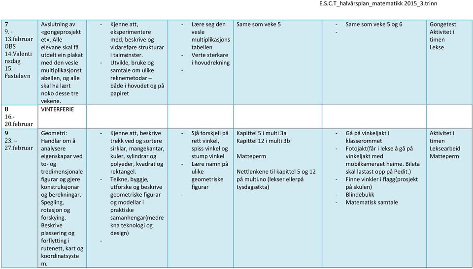 VINTERFERIE Geometri: Handlar om å analysere eigenskapar ved to og tredimensjonale figurar og gjere konstruksjonar og berekningar. Spegling, rotasjon og forskying.