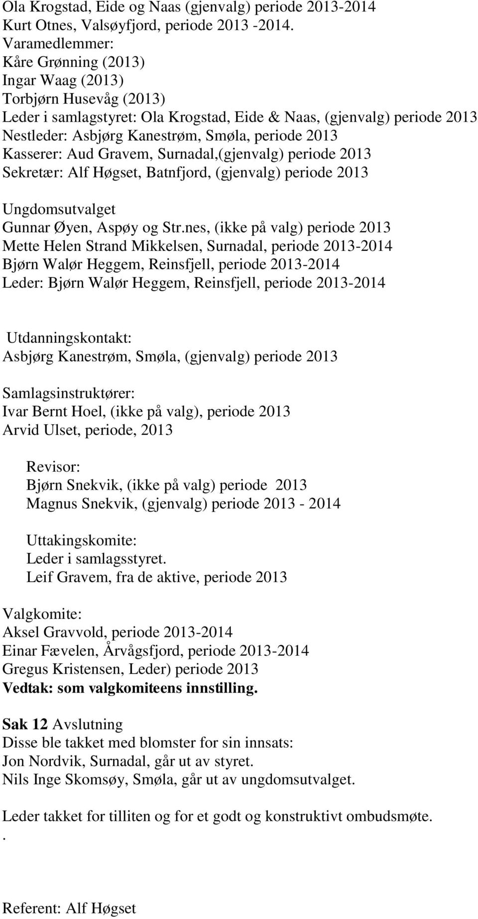 2013 Kasserer: Aud Gravem, Surnadal,(gjenvalg) periode 2013 Sekretær: Alf Høgset, Batnfjord, (gjenvalg) periode 2013 Ungdomsutvalget Gunnar Øyen, Aspøy og Str.