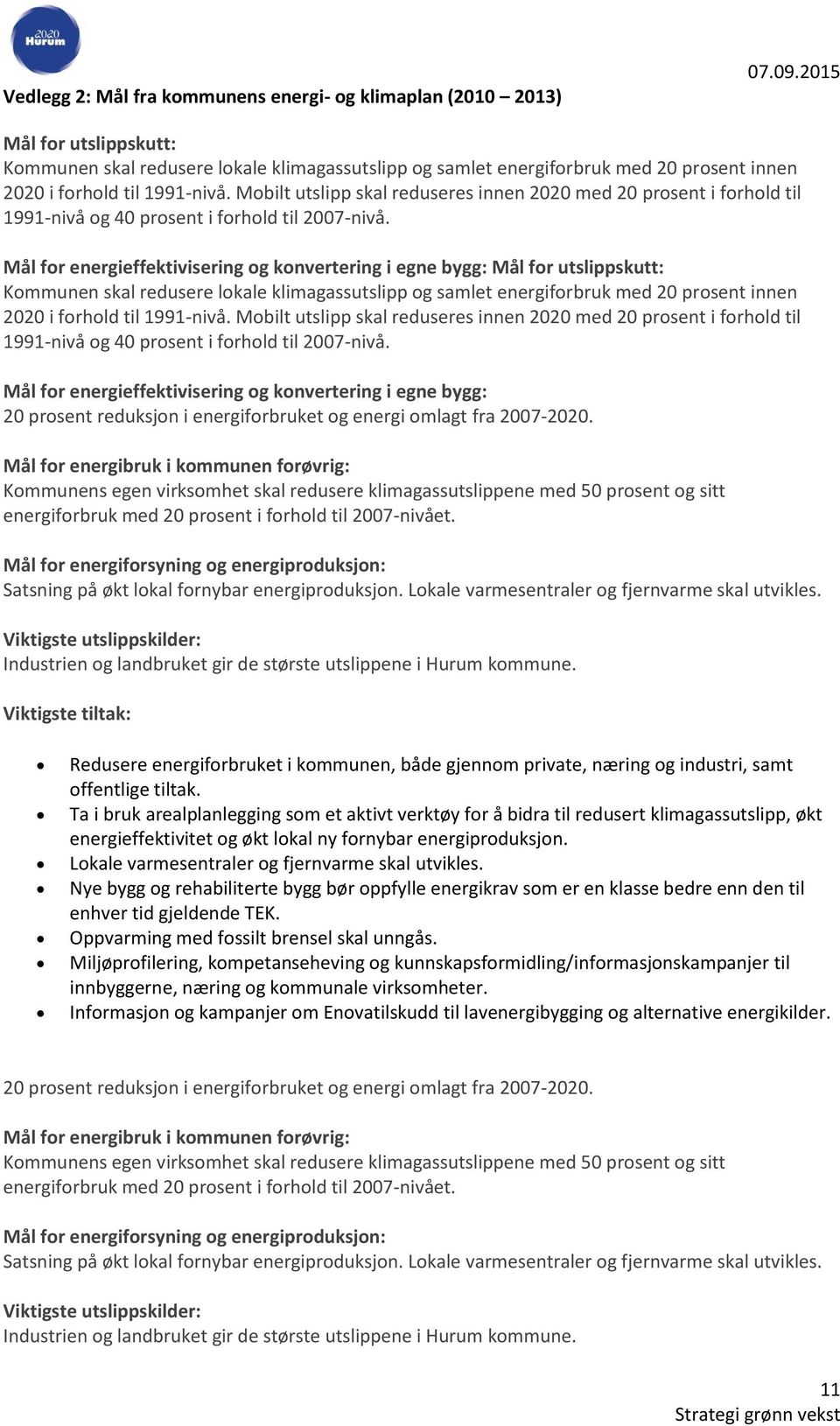 Mål for energieffektivisering og konvertering i egne bygg: Mål for utslippskutt: Kommunen skal redusere lokale klimagassutslipp og samlet energiforbruk med 20 prosent innen 2020 i forhold til  Mål