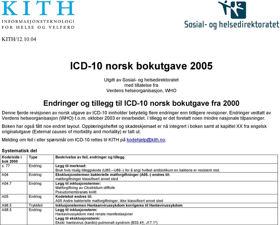 revisjonen av norsk utgave av ICD-10 innholder betydelig flere endringer enn tidligere revisjoner. Endringer vedtatt av Verdens helseorganisasjon (WHO) t.o.m. oktober 2003 er innarbeidet.